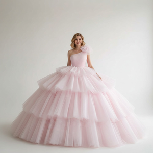 Robe De Quinceanera asymétrique à couches Vestidos De Xv Anos Rosa Rose Robe De Quince Anos Lsmu139 - Product Image 1