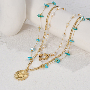 Collier à la mode en acier inoxydable <span class=keywords><strong>de</strong></span> style bohème en or 14 carats avec pendentif en <span class=keywords><strong>pierre</strong></span> naturelle <span class=keywords><strong>soleil</strong></span> et cœur-Collier chaîne <span class=keywords><strong>de</strong></span> perles - Product Image 1