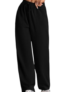 Pantalon en molleton de coton noir pour femme, coupe ample à jambe large, taille mi-haute avec cordon de serrage, décontracté, longueur intégrale, couleur unie, style automne - Product Image 3