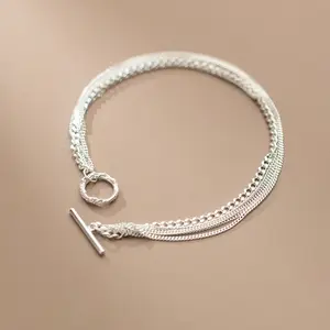 Bracelete de prata esterlina 925, pulseira multicamada de corrente de fivela simples, joia feminina