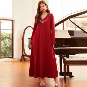 Toptan moda müslüman Dubai başörtüsü elbise kadın Eid için el dikiş elmas Abaya fas türkiye arapça umman giyim kırmızı