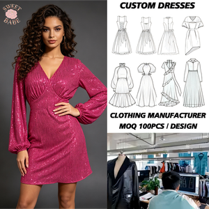 SWEET BABE Vestido mini ajustado con lentejuelas y manga larga con cuello en V para mujer, vestido ajustado para fiesta, para todas las estaciones - Product Image 1