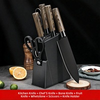 Couteaux en acier inoxydable avec manche en plastique imitation bois, revêtement noir, avec aiguiseur, ciseaux, bloc de rangement, ensemble de couteaux de cuisine JY2424