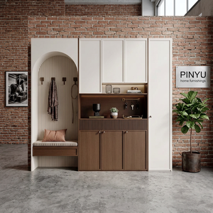Nordic Two Tone Wood Wardrobe <strong>Closet</strong> Arch Fluted Panel <strong>Mudroom</strong> Entry Storage Bench Custom Hallway Furnishing - Product Image 3