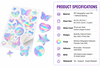 Feuille d'autocollants holographiques laser en gros, motifs papillon, cœur, étoile, arc-en-ciel, irisés, imperméables, impression personnalisée OEM, MOQ 100