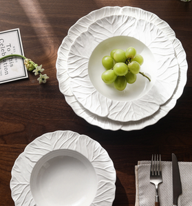Ensemble d'assiettes en céramique nordique, motif feuille en relief, assiettes creuses en forme de chapeau pour pâtes, assiettes de dîner occidentales, vaisselle de gros pour hôtels et restaurants - Product Image 6