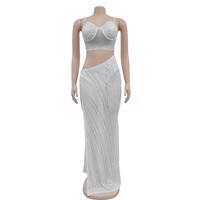 Ensemble deux pièces OEM pour femme, style boîte de nuit, avec bustier court en maille orné de strass et jupe longue transparente à fente haute