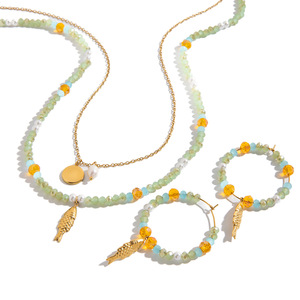 Ocean Theme Gold Stainless Steel Pearl Glass <b>Bead</b> Fish Pendant Necklace <b>Set</b> - Product Image 5