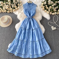 Vacances d'été pour femmes à simple boutonnage français doux vent bleu col découpé robes sans manches