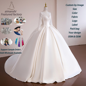 Vestido de Novia de Gala con Cuello en V, Mangas de Encaje Ilusión, Corsé con Cuentas, Cintura Estilo Basque, Satén, Tallas Grandes, Estilo Princesa, Fabricación Personalizada - Product Image 3