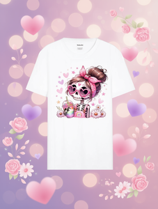 T-shirt da donna Rakutenche con stampa teschio e fiocco rosa, a maniche corte, girocollo, casual, traspirante, per tutte le stagioni, ideale per San Valentino - Product Image 2