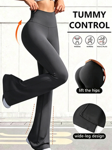 High Waist <b>Flared</b> Leg Yoga <b>Leggings</b> Full Length Solid Black Seamless Four-Way Stretch Elastic Waist Spandex/Polyester 220g - Product Image 6