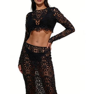 Slim Hollow Lace See-through Tops Half-body Skirt Women's <b>Sexy</b> 2-piece <b>Set</b> Fashion - Product Image 5