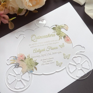 Invitations en acrylique pour Quinceañera, thème Citrouille Bleu Clair, style Cendrillon, avec fleur et <span class=keywords><strong>couronne</strong></span>, pour événements élégants et Bat Mitzvah - Product Image 5