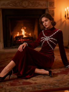 AELESEEN propia fábrica de <span class=keywords><strong>terciopelo</strong></span> elegante vestido acampanado para <span class=keywords><strong>mujer</strong></span> Midi negro Borgoña nuevo estilo industria pesada diseño incrustado de diamantes - Product Image 5