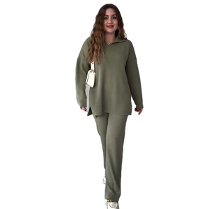 Bộ Áo hai món mùa thu đông thường ngày cho nữ áo len dệt kim xẻ xẻ xẻ xẻ viền rộng thoáng khí màu trơn thời trang châu Âu Mỹ mới - Product Image 5