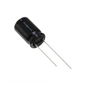Condensador de canal del fabricante CAP ALUM 470UF 20% 25V RADIAL TH 25YXH470MEFC10X16 de orificio pasante 470 uF - Product Image 1