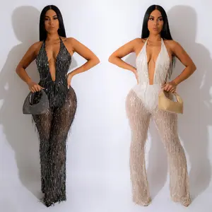 BH931 fashion women sexy mesh sequin see through V neck party jumpsuit