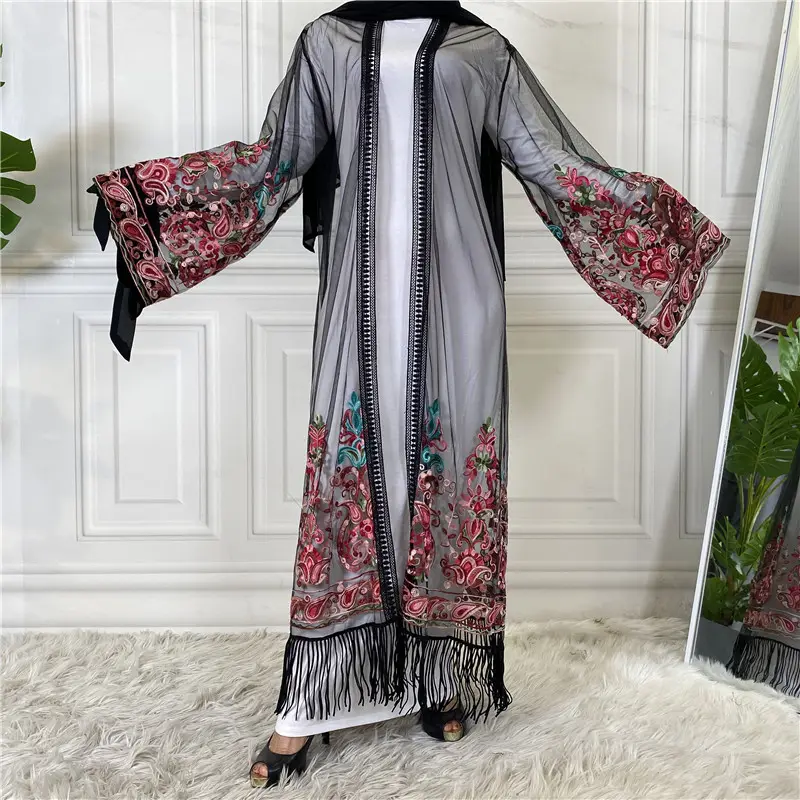 Bata musulmana de moda para mujer, Túnica árabe de Dubái, caftán, Kimono abierto de Turquía, cárdigan con bordado de encaje, Abaya, novedad de 2021