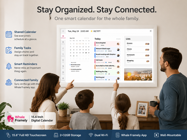 15.6 Inch Wall Mounted Smart Calendar Display with 2+32GB, Dual WiFi, Calendar Sync and Intelligent Time Management