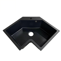 Évier de cuisine en composite de quartz noir en forme de L, à cuve unique, en granit, à poser en surplomb/sous plan avec trop-plein