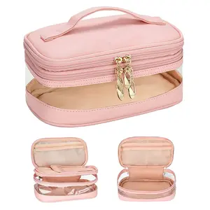 Leather Designer Big Cosmetics Vanity Luxury Pink Transparent PVC Professional Cosmetic Toiletry Makeup Bag