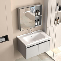 Ensemble de meuble-lavabo de salle de bain moderne avec miroir LED intelligent rectangulaire, armoire en aluminium et vasque en céramique pour projets hôteliers