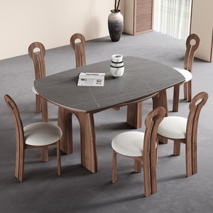 Custom Made Vintage Style Dining <b>Table</b> Stone Slab Extendable Foldable Square Shape Walnut <b>Solid</b> <b>Wood</b> <b>Top</b> - Product Image 4