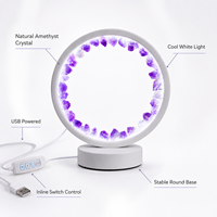 Lampe de nuit ronde en cristal d'améthyste naturelle, lumière blanche froide USB avec base blanche