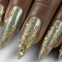 Faux ongles à presser personnalisés en gros, forme amande, thème sirène, coquillage, océan, perle, étoile de mer, paillettes bleues, luxe