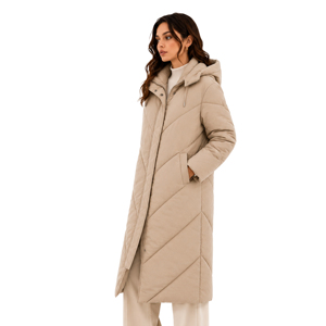 Manteau long matelassé en duvet pour <span class=keywords><strong>femme</strong></span>, couleur kaki, avec logo personnalisé, col en V, capuche à cordon de serrage, fermeture éclair intégrale, mi-mollet, coupe-vent, chaud et rembourré - Product Image 2