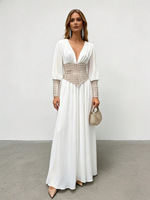 Robe longue décontractée en polyester, style européen et américain, pour le commerce extérieur, avec col en V, manches longues, strass et résille transparente, collection 2026