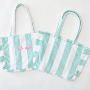 2025 New Design Wholesale <b>Women</b> Cute Shopping Towelling <b>Beach</b> Handbag Custom Embroidery Logo Stripe Terry <b>Towel</b> Blue Tote Bag - Product Image 5