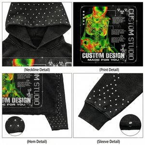 Felpa con Cappuccio Boxy Fit da Uomo 450gsm, Stampa Termica Scheletro con Borchie All-Over, Streetwear Personalizzata, Felpa con Cappuccio Estetica - Product Image 4