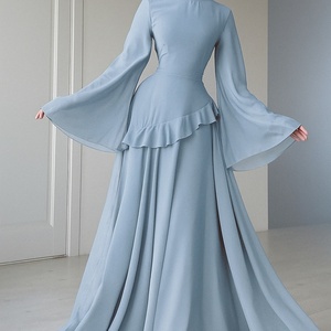 Modest Brown Chiffon Maxi Dress with Flared <b>Bell</b> Sleeves & Ruffle Detail | Elegant Muslim Formal Evening Gown (1115) - Product Image 3