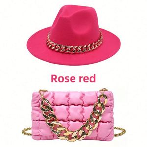 Custom Wholesale Vintage British Style Lady Wide Flat Brim Wool Panama Fedora Hat and Purse Fedora Hat With Chains - Product Image 3