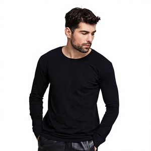 Camiseta de Manga Larga para Hombre, Cuello Redondo, Negra, Corte Regular, Tejido de Punto, 100% Algodón, Color Sólido, Transpirable, Ecológica, de Secado Rápido, 200g - Product Image 1
