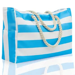 Tas bergaris kustom alami tahan lama tas belanja katun biru putih tas jinjing pantai kanvas besar dapat digunakan kembali luar ruangan