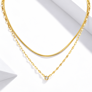 Collar de Zirconia de Doble Capa en Oro, Acero Inoxidable, Chapado al Vacío en Oro de 14K, Cadena Mixta de 40+5cm - Product Image 1