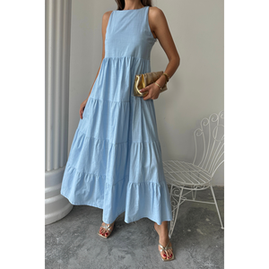 Robe longue en lin bleu sans manches - Élégante, décontractée, conception personnalisée ODM, sexy, pour séance photo estivale, longueur ras du sol, taille XS - Product Image 4