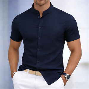 Camisa de <span class=keywords><strong>Manga</strong></span> <span class=keywords><strong>Corta</strong></span> con Cuello Mandarín para <span class=keywords><strong>Hombre</strong></span>, Color Sólido, Corte Entallado, Estilo Casual Elegante, Personalizable en Talla y Color con Impresión - Product Image 3