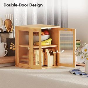 Boîte à pain en bambou à double porte, rangement à 2 niveaux, armoire à pain en bois pour la cuisine - Product Image 4