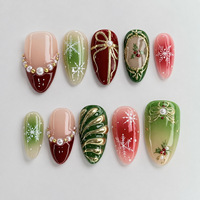 Ongles de Noël longs en amande, 3D, avec flocons de neige dorés en relief, faits à la main, perles, style français, à presser, pour l'hiver