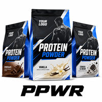 Sac d'emballage personnalisé en PPWR bleu et blanc pour poudre de protéines avec votre logo, pochette à fond plat pour produits de suppléments sportifs