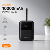 Power Bank Mini Portabel 10000mAh PD 22.5W Pengisian Cepat Kabel Terintegrasi Baterai Li-Polymer Layar LED Warna Kustom OEM