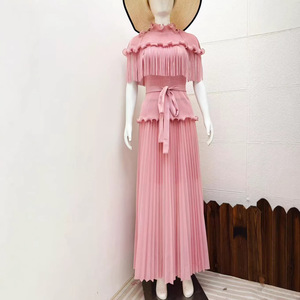 PY 2026 Summer Casual Miyake Eco-Friendly Pleated Midi Dress Fringe <b>Elastic</b> Waist Western Clothing Women Wholesale Bulk - Product Image 2