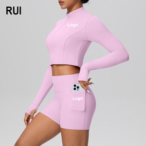 RUIQUWIN Custom Women's 2 Piece Yoga Set Cropped <b>Zip</b> <b>up</b> <b>Jacket</b> Butt Lifting Shorts with Pockets Moisture Wicking Gym Clothes - Product Image 1