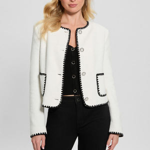 Custom Women <strong>White</strong> <strong>Boucle</strong> Cropped <strong>Jacket</strong> Contrast Black Trim Button Front Elegant Fashion Wholesale - Product Image 2