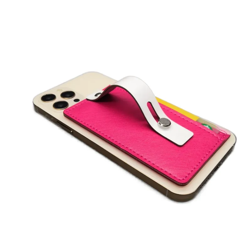 Stick on Adhesive Card Holder Pouch PU Leather Mobile Phone Wallet for Lady Use with Phone Stand