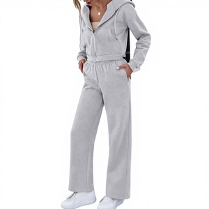 Ensemble de survêtement tendance pour femme, 2 pièces, sweat à capuche court zippé et pantalon de survêtement, 100% coton, 320 GSM, molleton brossé à l'intérieur, directement de l'usine - Product Image 2